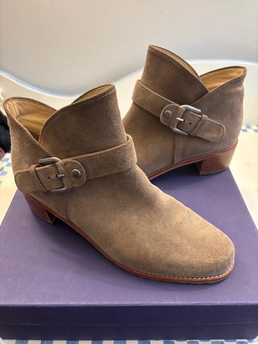 Stuart Weitzman Taupe Suede Ankle Booties with Buckle Strap